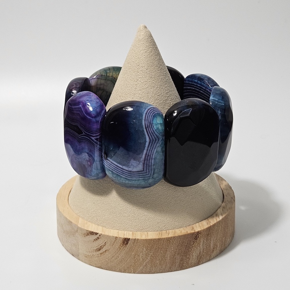 Wide Dyed Agate Stretch Bracelet Large Stone Purple Blue Banded
